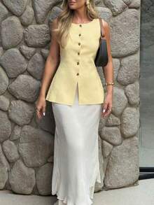 FOR BEAUTY Women's Minimalist Elegant Sleeveless Cardigan, Cream Yellow Knit Top, Suitable For Music Festival, Spring/Summer, New Year - Light Yellow - View 7