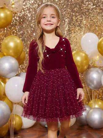 Vestido de manga larga con cuello redondo, con aplicación de lazo falso de cuentas, y dobladillo de falda de malla, estilo casual de punto para niña, adecuado para uso diario, en casa, al aire libre, deportes, primavera/otoño