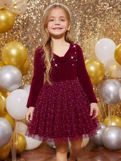 年轻女孩时尚休闲针织串珠仿蝴蝶结拼接长袖圆领连衣裙，带网眼裙摆，适合日常、居家、户外、运动、春秋季