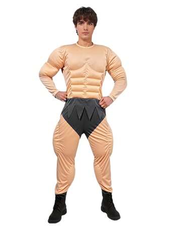 1pc Adult Muscular Macho Jumpsuit Costume, Funny Fake Chest & Abs Cosplay Outfit For Men