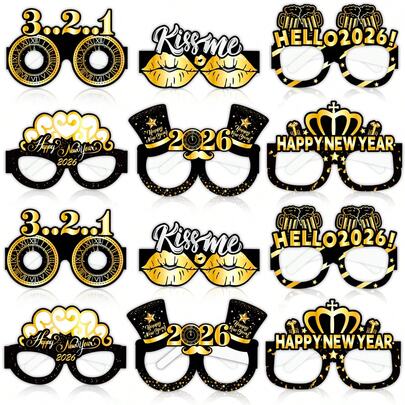 New Year 2026 Party Glasses | Black Gold 3D Paper Eyewear | Carnival Photo Booth Props | Holiday Celebration Supplies |Random1pc