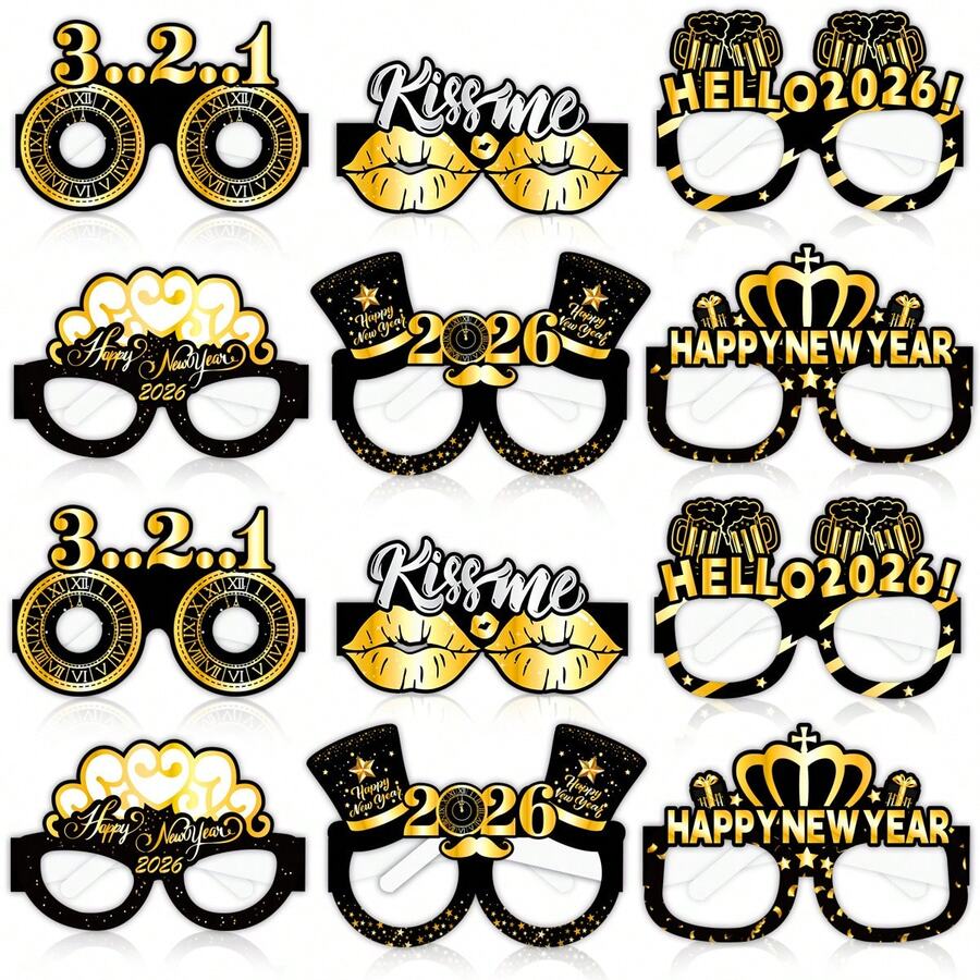 New Year 2026 Party Glasses | Black Gold 3D Paper Eyewear | Carnival Photo Booth Props | Holiday Celebration Supplies |Random1pc
