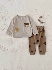 2pcs/Set Infant/Toddler Unisex Casual Bear Embroidered Long Sleeve Sweatshirt And Bear Print Long Pants Set, Spring/Autumn - Khaki - View 8