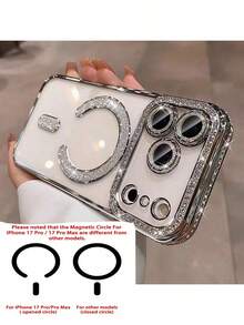 Funda de teléfono con diamantes de imitación chapada en oro premium y magnética, compatible con iPhone 17 Pro Max, 16, 15, 14, 13, 12, 11 Pro, incluye protector de lente de cámara y cubierta de carga inalámbrica - Plateado - Ver 19