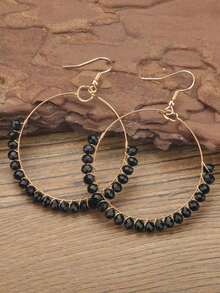 Pendientes Redondos de Gota con Decoración de Cuentas - Negro - Ver 2