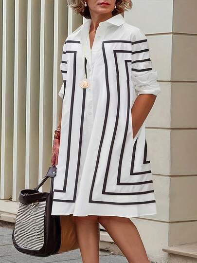 Plus Size Women Geometric Pattern Woven Fabric Buttoned Shirt Dress, With Pockets, Office, Home, Airport Casual Wear, Spring/Summer