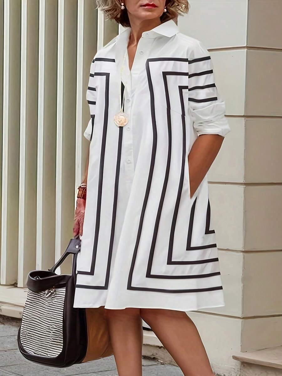 Plus Size Women Geometric Pattern Woven Fabric Buttoned Shirt Dress, With Pockets, Office, Home, Airport Casual Wear, Spring/Summer