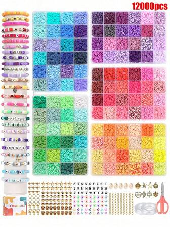 Set de 2400 piezas/4800 piezas/7200 piezas/9600 piezas/12000 piezas de cuentas de arcilla blanda, diseño de cuentas huecas, adecuado para collares DIY, pulseras, cuentas decorativas, regalos hechos a mano para diario, graduación, festivales, fiestas