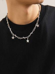 1pc Fashionable Punk Star Pendant Twist Chain Necklace For Men, Daily/Party Wear - Silver - View 7