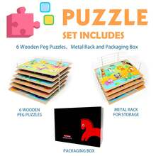 Toddler Puzzles And Rack Set, Wooden Peg Puzzles Bundle With Storage Holder Rack, Educational Knob Puzzle For Kids Age 2 3 4 Years - Alphabet Number Shape Dinosaur Animal Vehicle - Colorful - View 3