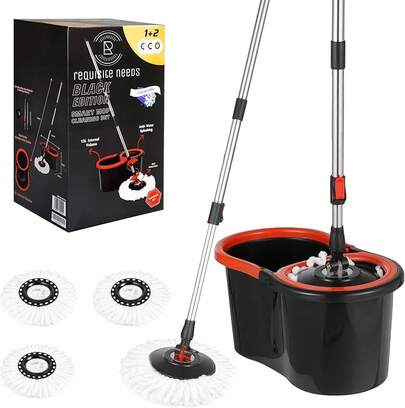 Requisite Needs Smart Spin Mop And Bucket Set – Black Edition – Anti-Splashing Strong And Sturdy Material – Easy Floor Moping System – 1x Bucket + 3 Replacement Mop Heads – 13 Liter (Mop + Bucket)