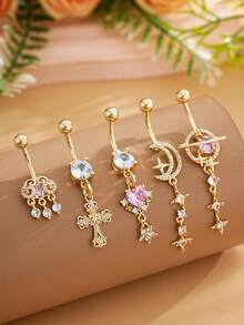 1.5pcs Star & Moon Multi-Element Pendant Navel Ring Stainless Steel Spiral Navel Piercing Jewelry, Suitable For Daily Wear