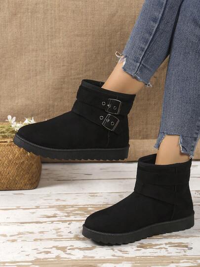 Stivali da neve da donna con doppia fibbia, fodera in pile, suola spessa, stile alla moda, comodi, casual e leggeri