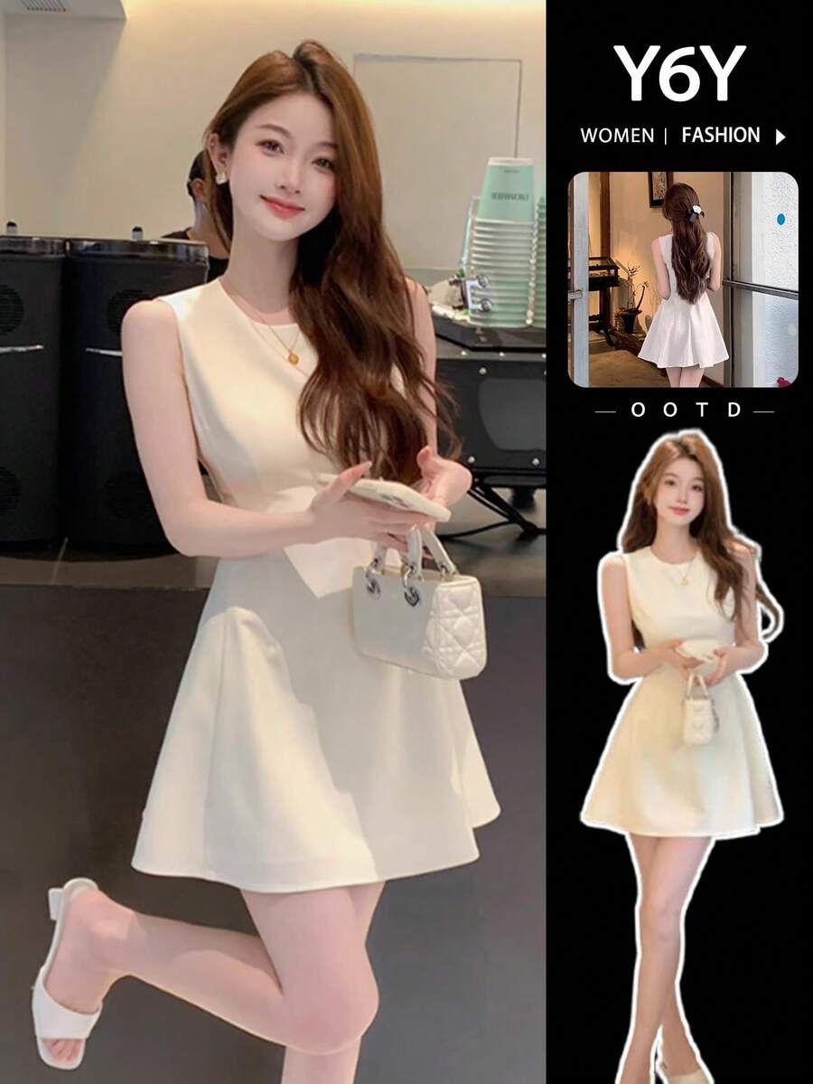 [Y6Y] White Sleeveless Casual Dress, Sweet & Fashionable Summer Mini Dress For Women