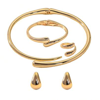 5 pezzi Set di gioielli per San Valentino: 1 bracciale a fascia simmetrico con goccia d'acqua, 1 anello vintage geometrico con goccia d'acqua incrociata, 1 collana con goccia d'acqua, 1 paio di orecchini con goccia d'acqua