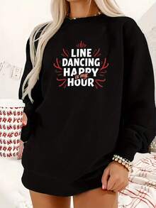 Women's LINE DANCING HAPPY HOUR Pattern Hoodie - Black With Red Letter Print - Non-Stretch Casual Pullover, Suitable For Country Western Parties, Daily Wear - Machine Washable Autumn/Spring/Winter Style Dancewear, Comfortable Fabric - Unisex Plus Size Top - 黑色 - 查看 8