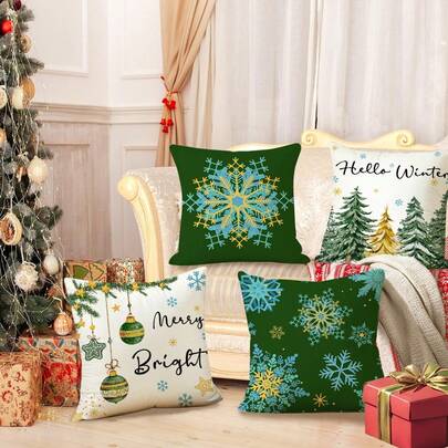 4PCS Green Christmas Pillowcase, Christmas Tree And Snowflake Linen Cushion Cover Suitable For Decorating Sofas, Bedrooms, And Homes (16 Inches X 16 Inches, 18 Inches X 18 Inches, 20 Inches X 20 Inches)
