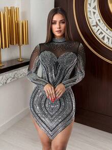 Summer Spring Fashion Elegant Women's Mesh Sparkly Rhinestone Long Sleeve Stand Neck Short Dresses Birthday Party Festival Wedding Black - Black - View 2