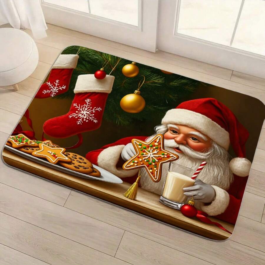 1PC MatChristmas Floor Mat Red Santa Claus With Gingerbread Cookies And Milk Print For Living Room, Bedroom, Or Bathroom Decor Washable Indoor/Outdoor Door Mat For Porch, Living Room, Thanksgiving Fall Decor, Doormat Outdoor Entrance Fall Design, Autumn Doormat, Seasonal Home Decor, Easy Clean Mat, Holiday Shoppers, Home Decorators - Black - View 1