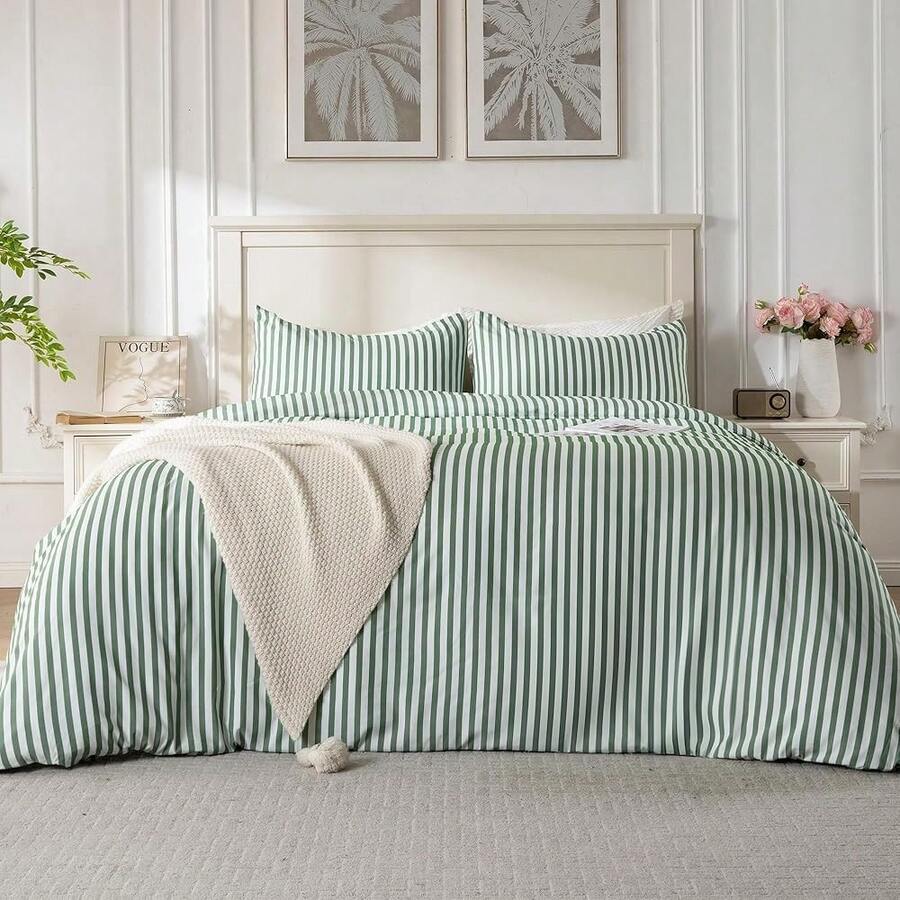 FTwin Duvet Cover Set, 2 Pieces Soft Bedding Set, Breathable And Cooling Duve Cover Set With 1 Duvet Cover, 1 Pillow Case (Green Stripe, FTwin Size){Inchcolor_nameinch:InchGreenStripeinch,Inchsize_nameinch:InchFTwininch} - 綠色條紋 - 查看 1