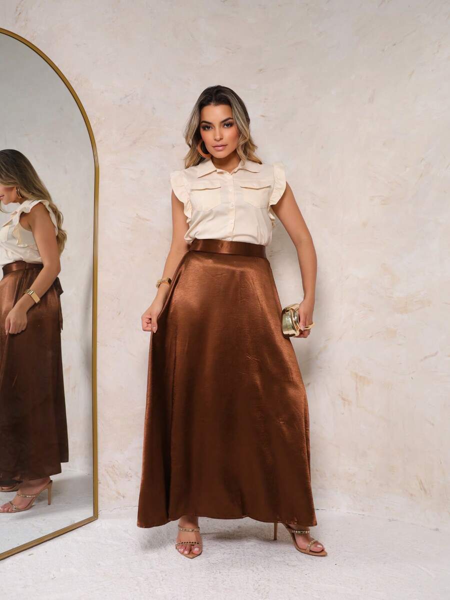 Imported Women's Underskirt With A Belt At The Waist. The Belt Is Tied Around The Waist. This Fabric Is Highly Stretchy And Stretchy On All Sides. The Skirt Is Relatively Full. The Fabric Is Silky. The Belt Can Be Tied In The Front Or Back. This Style Is Relatively Elegant, Small, And Refined. - 咖啡棕 - 查看 1