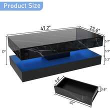 39/47inch Large High-Glossy LED Coffee Table With 2 Sliding Drawers, Living Room Storage Tables With Marbling Print, Modern Stylish Double-Layer Center Tables W/ USB Powered LED Lights - 黑色 - 查看 7