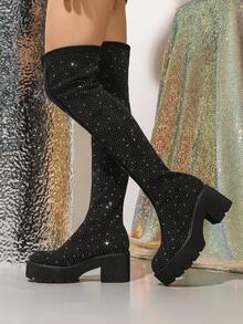 Botas elegantes de moda para mujer, botas elásticas que estilizan el muslo, botas por encima de la rodilla, botas para hombre, caminables al aire libre, botas de tacón alto versátiles y sencillas