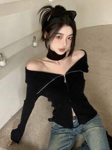 女士拉链开衫（不含围脖） - 黑色 - 查看 1