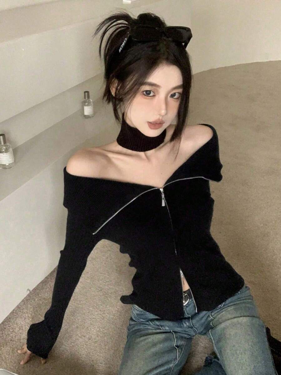 女士拉链开衫（不含围脖） - 黑色 - 查看 1