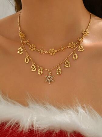 这款双层项链饰有雪花和2026数字，优雅时尚，是女士的理想配饰，适合派对、宴会、日常佩戴，也是送给朋友的绝佳圣诞礼物。