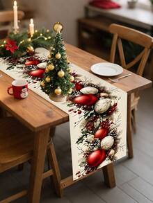 1件红色一品红和金色铃铛圣诞图案涤纶桌旗，节日圣诞风格，100%涤纶长方形桌旗，饰有生动的节日花卉和铃铛图案，抗皱易打理，适用于家庭餐桌装饰、圣诞派对桌面装饰、节日房间装饰 - 彩色 - 查看 25