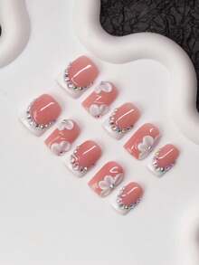 10pcs Square Shaped Handmade Nail Tips, Y2K Baddie Style, Nude & White Color With French Tips, Carved Patterns, Rhinestone Elements, Suitable For Parties, Dances, Daily Wear, Includes Tool Kit, Great Gift For Women And Girls Nails Nail Supplies Handmade Press On Nails - Multicolor - View 3