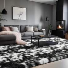 Large Shaggy Area Rug For Living Room & Bedroom – Stain-Resistant Fluffy Carpet With 1.4 In High Pile, Plush Aesthetic Throw Rug, Non-SIip Rubber Backing With 4 Anti-SIip Pads, Durable Edge Stitching – Cozy Minimalist Decor – Great Gift For New Year ! - Nhuộm tie-dye đen trắng - Xem 3