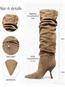 Women Kitten Heel Boots Knee High Winter Ruched Slouchy Luxury Pointed Toe Elegant Party Dress Office Lady Shoes - 卡其色絨面 - 查看 6