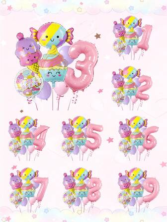 15pcs/Set Candy Themed Birthday Balloon Set, Includes Pink 1-9 Number Balloons, Macaron Pink, Pink-Purple Ice Cream, Colorful Candy, Small Cake Foil Balloons, Purple & Pink Latex Balloons, Suitable For Birthday Party, Dessert Theme Party, Anniversary Celebration, Home Decor, Macaron Theme Atmosphere Decoration Photography Props