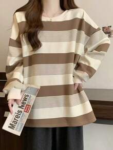 Striped Loose Long Sleeve T-Shirt For Women - Multicolor - View 3