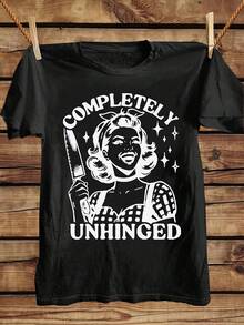 Women's Vintage-Inspired "Completely Unhinged" Graphic T-Shirt - 100% Cotton Relaxed Fit Short Sleeve Tee With Bold Lettering & Star Design For Summer Parties & Casual Outfits - Black - View 11