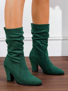 Chunky Heel Slouchy Boots Round Toe Suede Slim Tall Boots For Women, New Autumn/Winter Mid-Calf Riding Boots With Fur - Olive Green - View 3