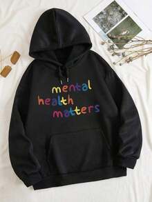 Plus Slogan Graphic Pocket Drawstring Thermal Hoodie Mental Health Matters, For Winter Fall Autumn Fall Hoodies,Men's Fall Clothes,Street Wear,Halloween,Mens Hoodies,Y2k Clothes,Jesus Hoodie,Thanksgiving Day,Nightmare Before Christmas,Christmas - màu đen - Xem 1
