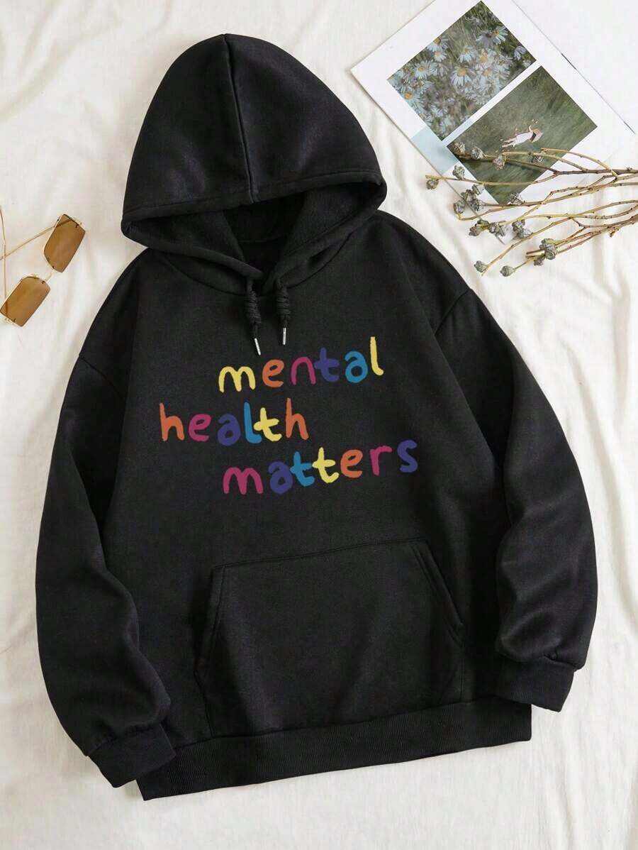 Plus Slogan Graphic Pocket Drawstring Thermal Hoodie Mental Health Matters, For Winter Fall Autumn Fall Hoodies,Men's Fall Clothes,Street Wear,Halloween,Mens Hoodies,Y2k Clothes,Jesus Hoodie,Thanksgiving Day,Nightmare Before Christmas,Christmas - màu đen - Xem 1