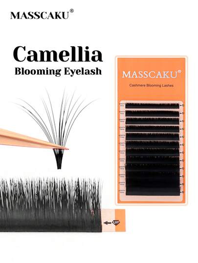 12 خط MASSCAKU لتمديد الرموش السريع بزهرة الكاميليا بسمك 0.07 مم وطول مختلف من 8-15 مم، حزمة رموش سهلة التشكيل
