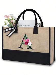 Juego de bolsas de lona con iniciales florales negras de la A a la Z, incluye bolsa de almacenamiento de maquillaje, bolsa de regalo personalizada, adecuada para boda, cumpleaños, playa, vacaciones, escuela, es un gran regalo para mujeres, mamá, maestros, amigos, damas de honor, estudiantes, bolsa grande, artículos de primera necesidad, regalos perfectos para vacaciones, cumpleaños, Acción de Gracias, Pascua, Navidad