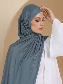 1 Khăn trùm đầu mềm mại bằng vải thun trơn dành cho nữ, trang trí bằng đá giả, khăn dài thường ngày phong cách Ả Rập, màu trơn bảo thủ, thích hợp sử dụng hàng ngày - Màu xanh Ô liu - Xem 5