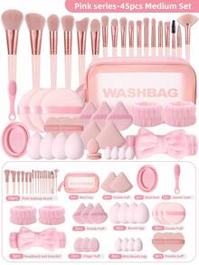 45件套专业化妆师套装：18支化妆刷 + 12个粉扑系统（8个晕染海绵 + 4个气垫/棉花糖粉扑）| 防水旅行箱 + 2条防滑腕带 + 鼻刷（适用于粉底液/粉饼的奢华化妆工具套装）。旅行必备，情人节礼物，价格实惠，旅行化妆刷，女士礼物，化妆师，专业全套化妆工具 - 淺粉色 - 查看 12