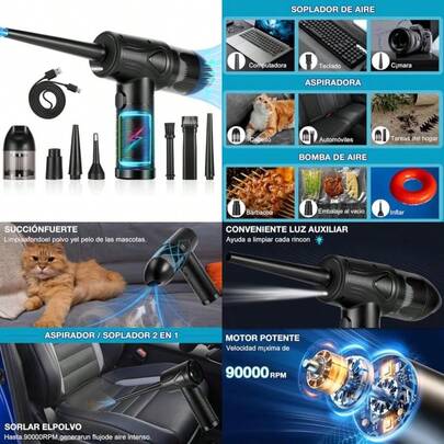 BLUEDREAMER Aspiradora Portátil de Mano para Automóvil con Soplado y Succión Integrados, Ajustable en Tres Velocidades, Capacidad de Batería de 6000 mAh, se Puede Usar para Inflar Aros Salvavidas(default)