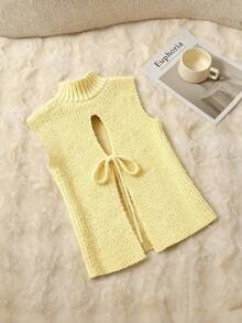 Chic Spring-Summer Sleeveless Knit Top: Yellow High-Neck Backless Top With Tie Detail, Soft & Elegant For Casual And Daily Commute Wear - Yellow - View 2