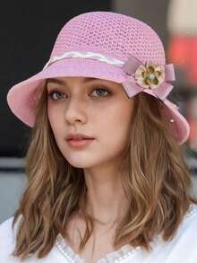 1pc Women's Fashionable Floral Decor Elegant Knitted Wide Brim Straw Hat, Suitable For Spring/Summer Outdoor, Travel, Beach, Camping, Versatile Daily Wear