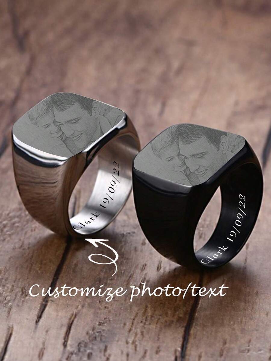 1 Piece Personalized Stainless Steel Ring, Laser Engraved Photo Text Black Gold Silver, Fashion, Vintage, Simple, Unisex, Casual, Cute, Customized, Personalized, Unique, Ideal Gift For Him, Ideal Gift For Her, Boyfriend, Dad, Family, Friends, Anniversary, Birthday, Graduation, Prom, Party - Style - View 1