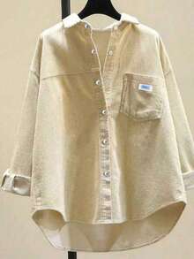 大码女式时尚灯芯绒衬衫，长袖，领子，正面纽扣，落肩，不对称下摆 - 杏色 - 查看 3