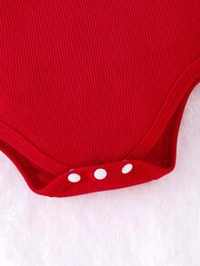 3pcs Baby Girl Red Cap Sleeve Bodysuit, Red Plaid Layered Ruffle Hem Skirt, Headband Set - Red - View 10